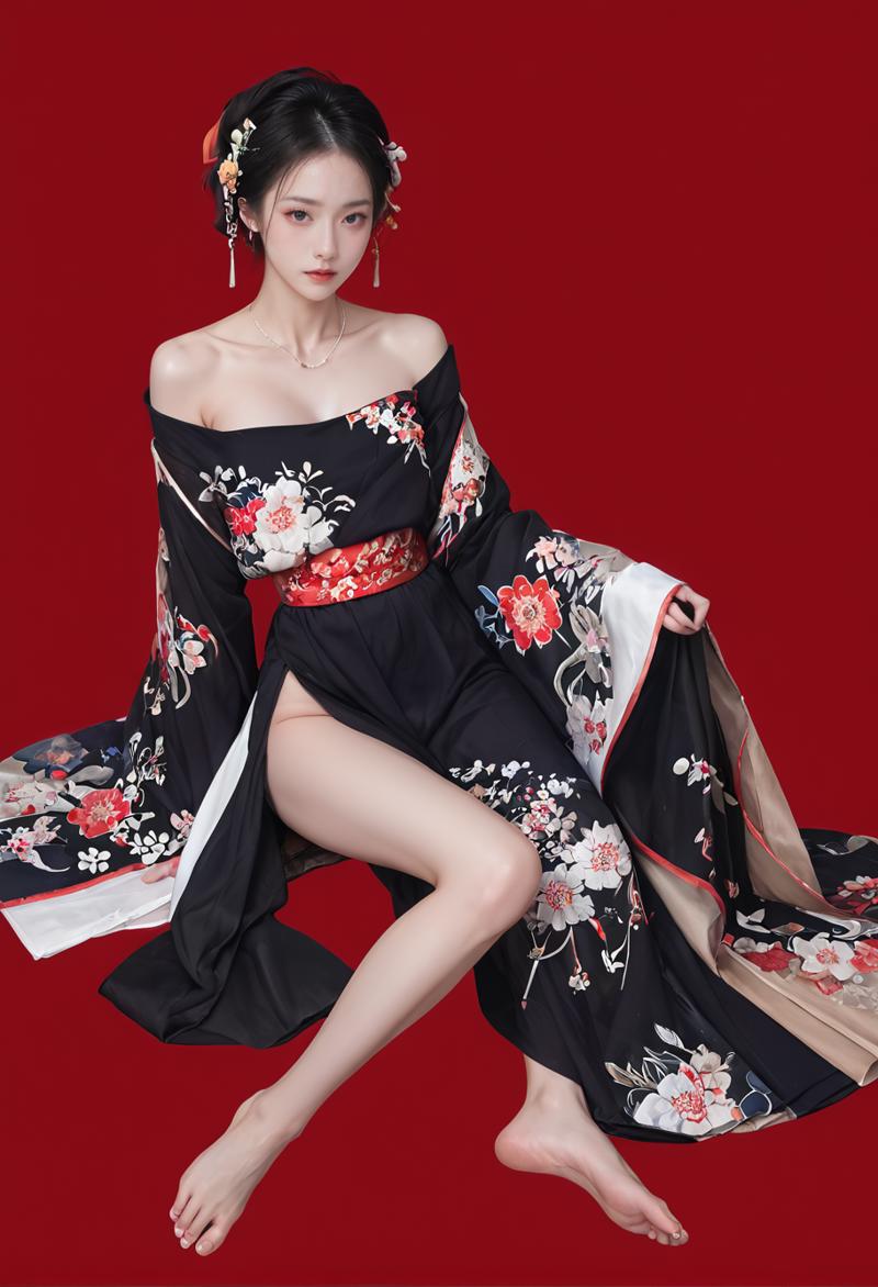 29648-487490369-red background,1girl,solo,,ruanyi0766,floral print,hanfu,jewelry,off shoulder,wide sleeves,barefoot,strapless,black dress,_lora_.png